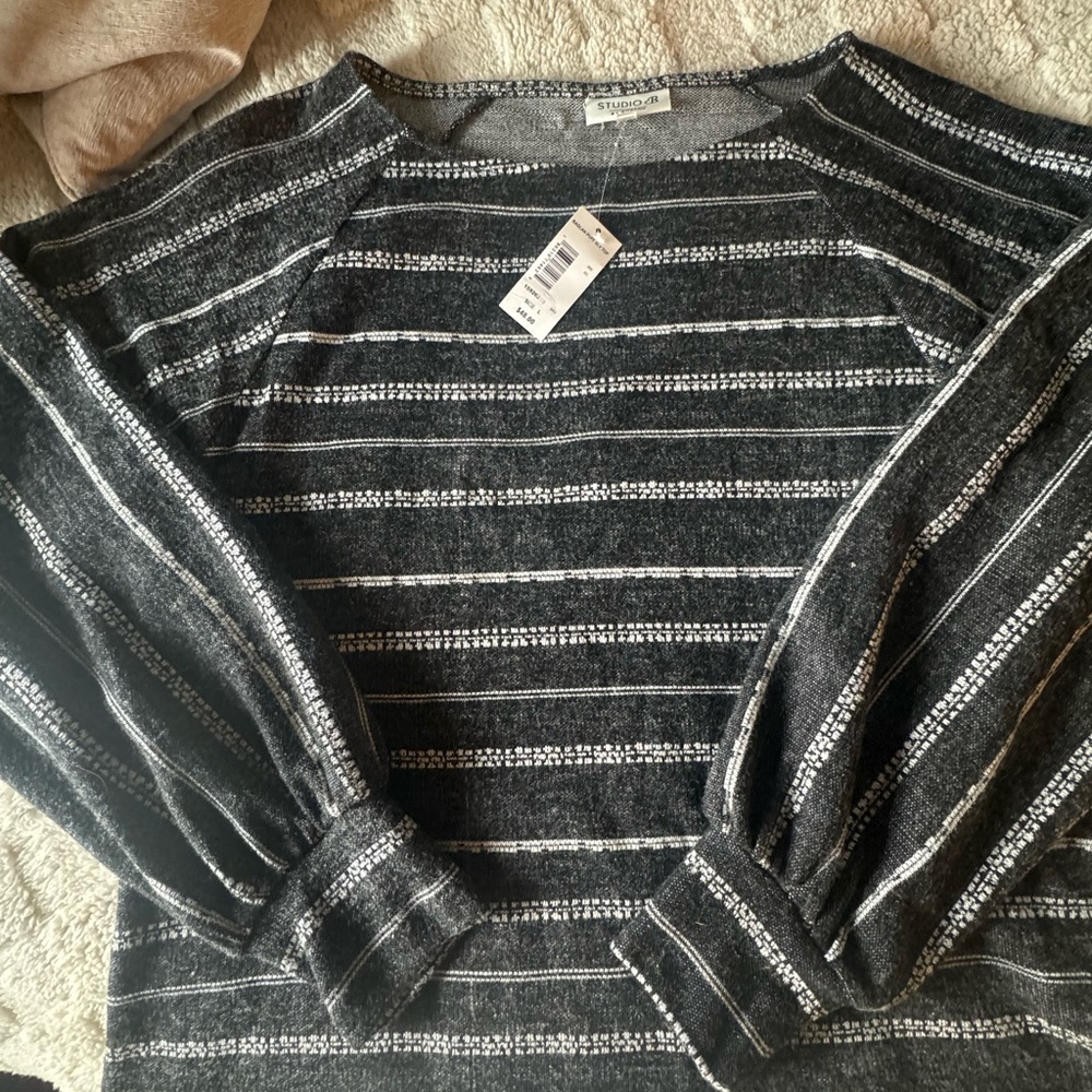Bobeau Charcoal and White Striped Sweater